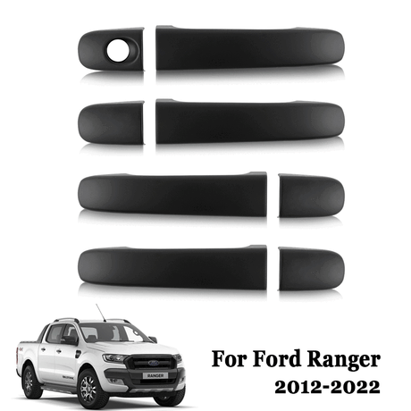Black door handle covers are displayed in a row, designed for a Ford Ranger. Below, a white Ford Ranger truck is shown. Text reads, "For Ford Ranger 2012-2022."