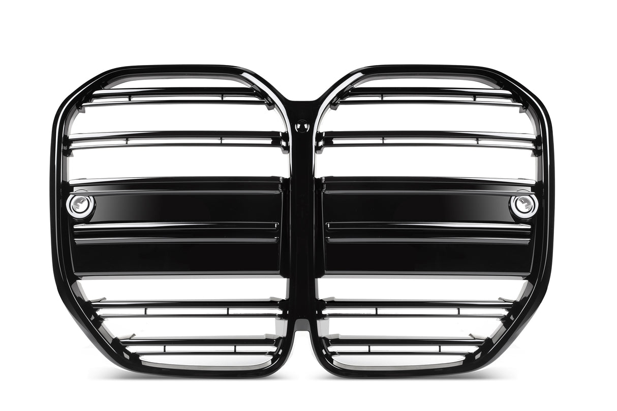 A pair of glossy, black car grilles with horizontal slats and circular elements on either side, displayed against a plain white background.
