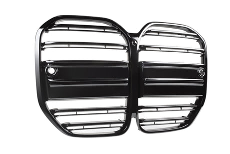 A black, double-sectioned vehicle grille with horizontal bars sits isolated against a white background, featuring a rounded rectangular shape and holes near the corners for mounting.