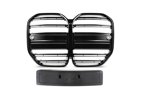 A black, dual-section car grille with horizontal bars sits on a white background, accompanied by a rectangular license plate holder directly below it.