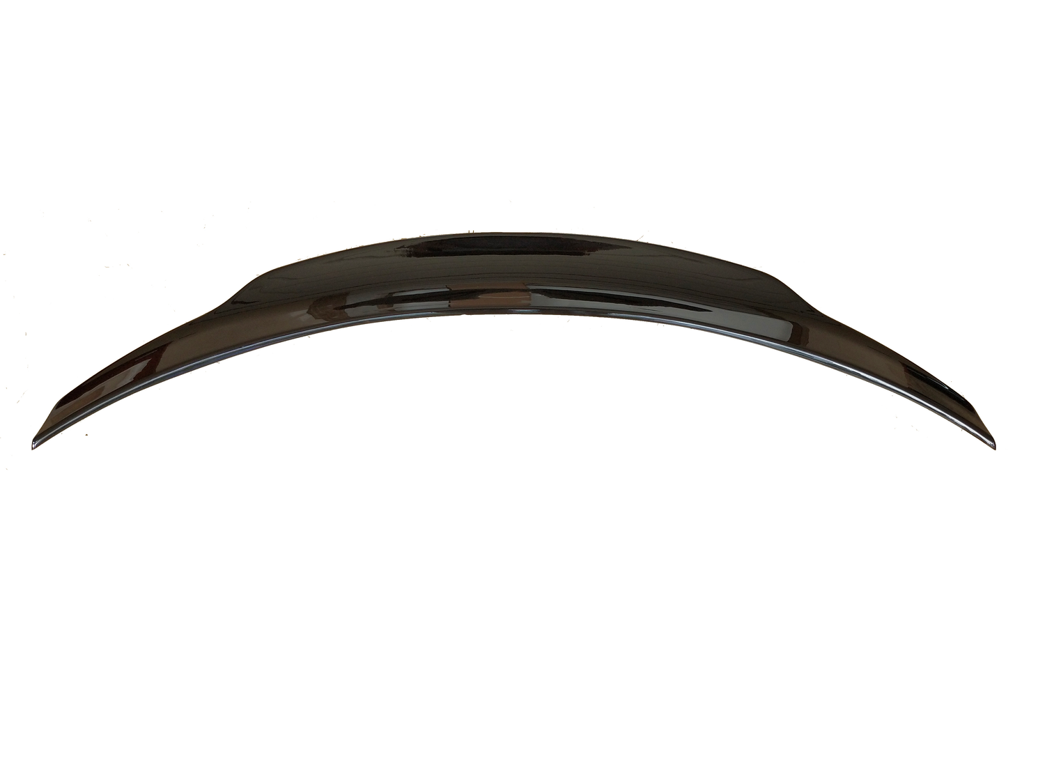 A sleek, curved car spoiler sits isolated on a white background, showcasing its glossy, aerodynamic design, suitable for enhancing a vehicle's performance and style.