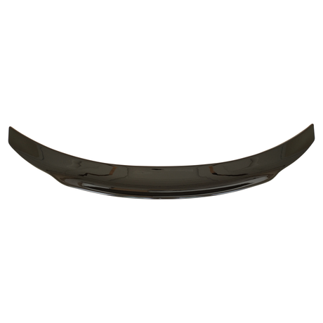A dark, curved car spoiler rests on a white background, showcasing its sleek, aerodynamic design and reflective surface.