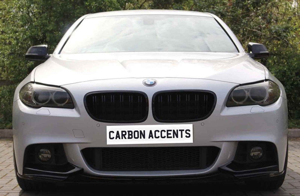 A silver car with a prominent front grille and headlights, parked on a paved area, displays the text "CARBON ACCENTS" on its license plate. Trees are visible in the background.