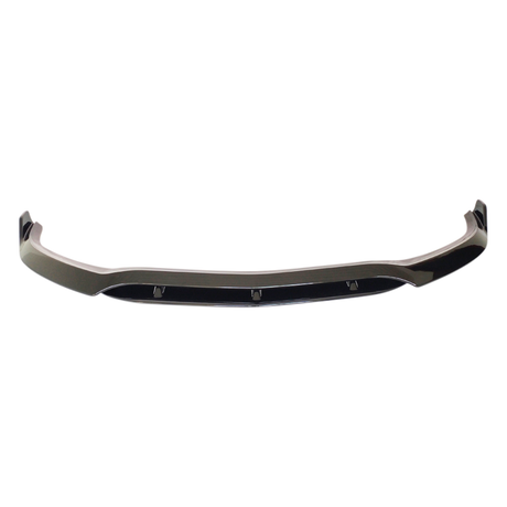 A sleek, black car bumper lip with a curved design and attachment points, set against a plain white background.