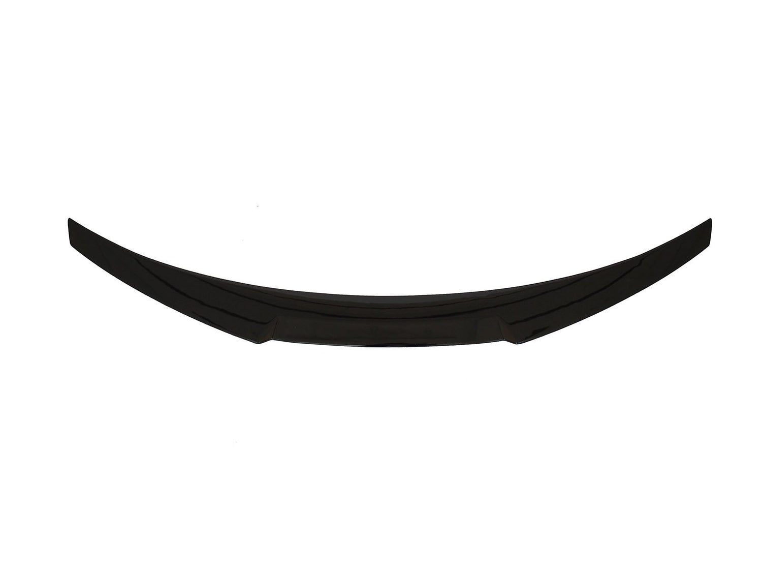 A curved, black car spoiler lies horizontally against a plain white background.