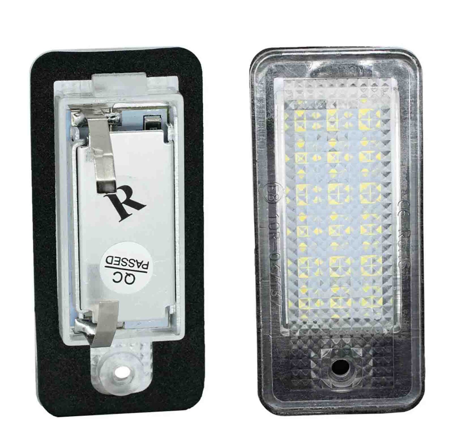 Two rectangular LED light modules are shown. One displays internal circuitry with "R" and "QC PASSED" stickers. The other showcases a grid of illuminated LED bulbs in a clear casing.