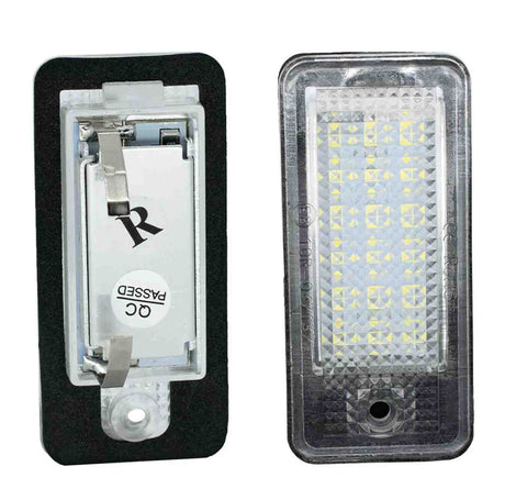 Two rectangular LED lights are shown side by side. One displays a circuit board with a "CC PASSED" sticker, and the other shows the LED array in a translucent cover.