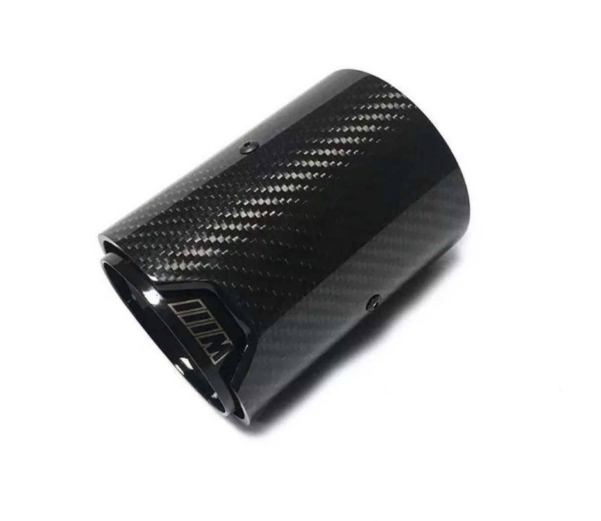 A carbon fiber exhaust tip lies angled on a white background, featuring a glossy checkered pattern with the letter "M" visible near the opening.