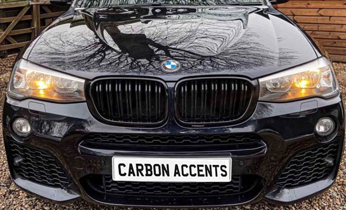 A black car displays headlights in a driveway, with a front plate reading "CARBON ACCENTS." Trees are reflected on the hood, and a wooden fence lines the background.