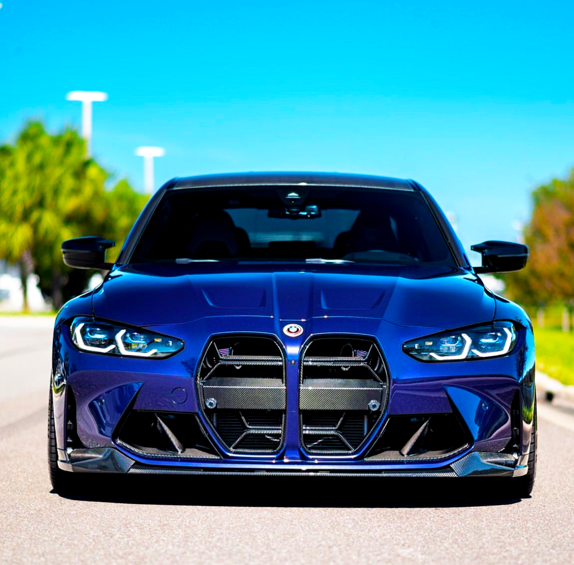 A blue sports car is parked on a road, facing forward. It features aggressive front grilles and modern headlights, with green trees and a clear blue sky in the background.