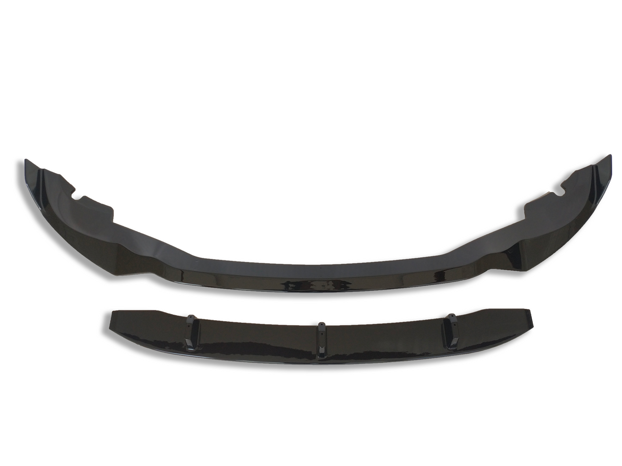 Two glossy black car spoilers sit parallel, with curved aerodynamic designs. The larger piece is above, and the smaller one below, on a plain white background.