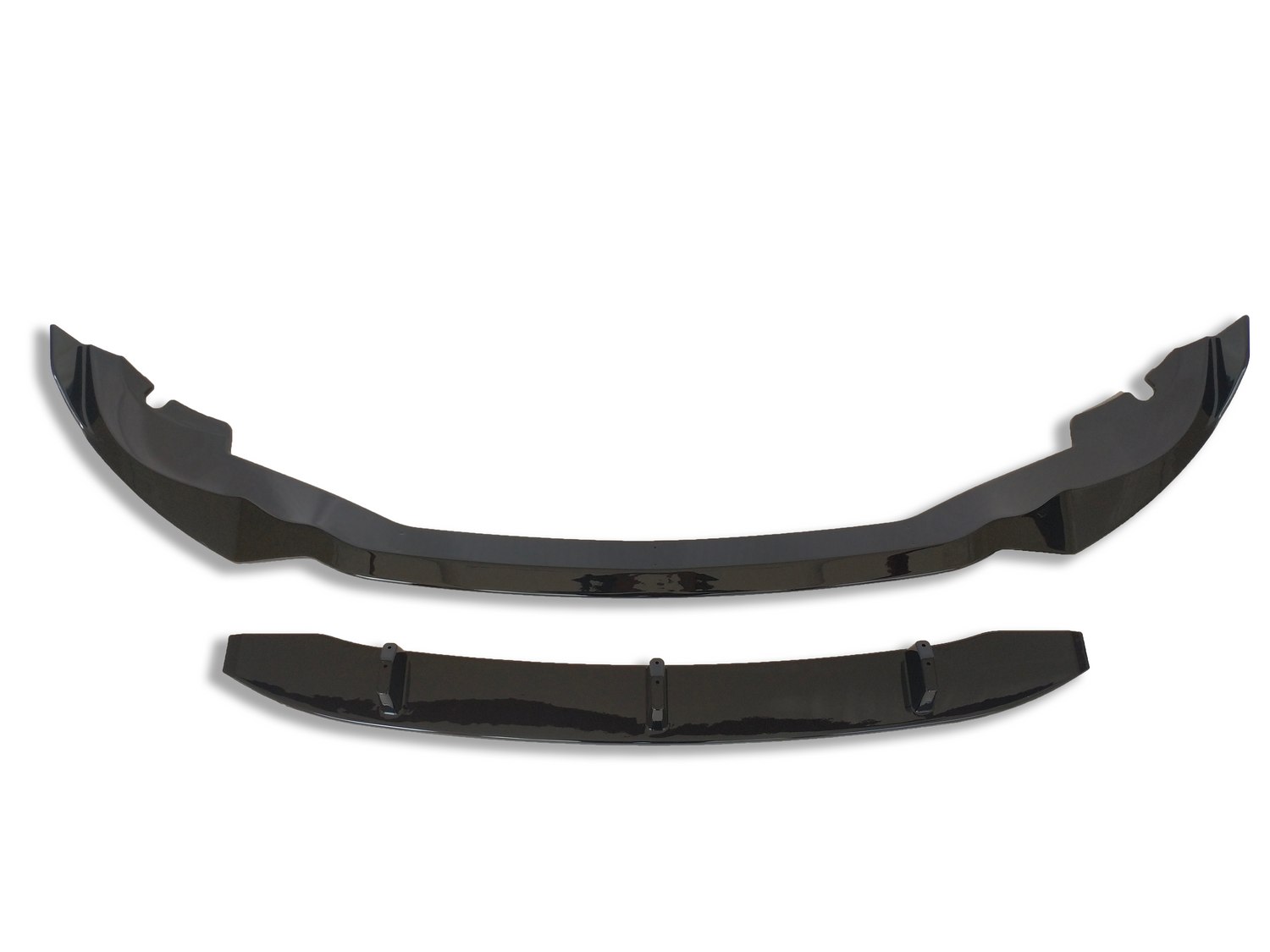 Two glossy black car spoilers sit parallel, with curved aerodynamic designs. The larger piece is above, and the smaller one below, on a plain white background.