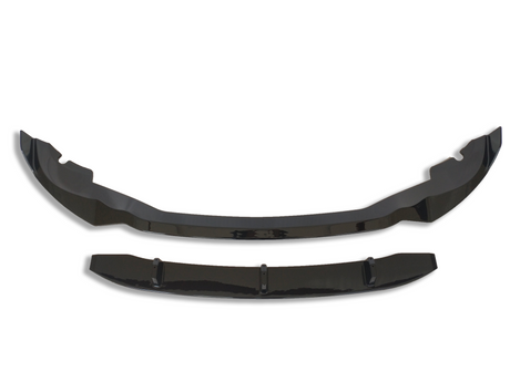 Two glossy black car spoilers sit parallel, with curved aerodynamic designs. The larger piece is above, and the smaller one below, on a plain white background.