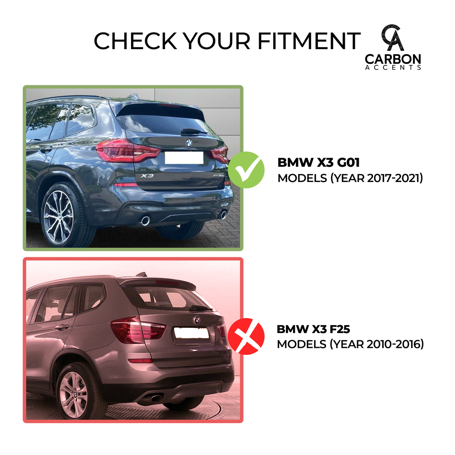 Two BMW SUVs are shown from the rear. The top car is a BMW X3 G01 (2017-2021) with a green checkmark. The bottom car is a BMW X3 F25 (2010-2016) with a red cross. Text reads "CHECK YOUR FITMENT."