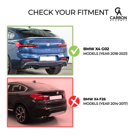 Blue BMW X4 G02 and black BMW X4 F26 are shown from the rear. The blue car is checked with a green check mark, while the black car has a red X. Text: "CHECK YOUR FITMENT BMW X4 G02 MODELS (YEAR 2018-2021) BMW X4 F26 MODELS (YEAR 2014-2017)."