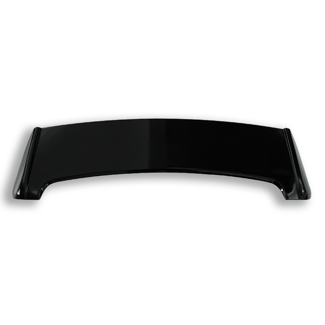 A sleek, black, curved spoiler lies flat against a plain white background, casting a subtle shadow underneath.