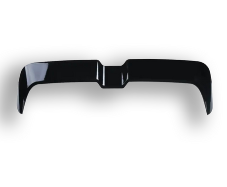 A black, glossy car spoiler with a curved design stays suspended against a plain white background, casting a soft shadow beneath it.