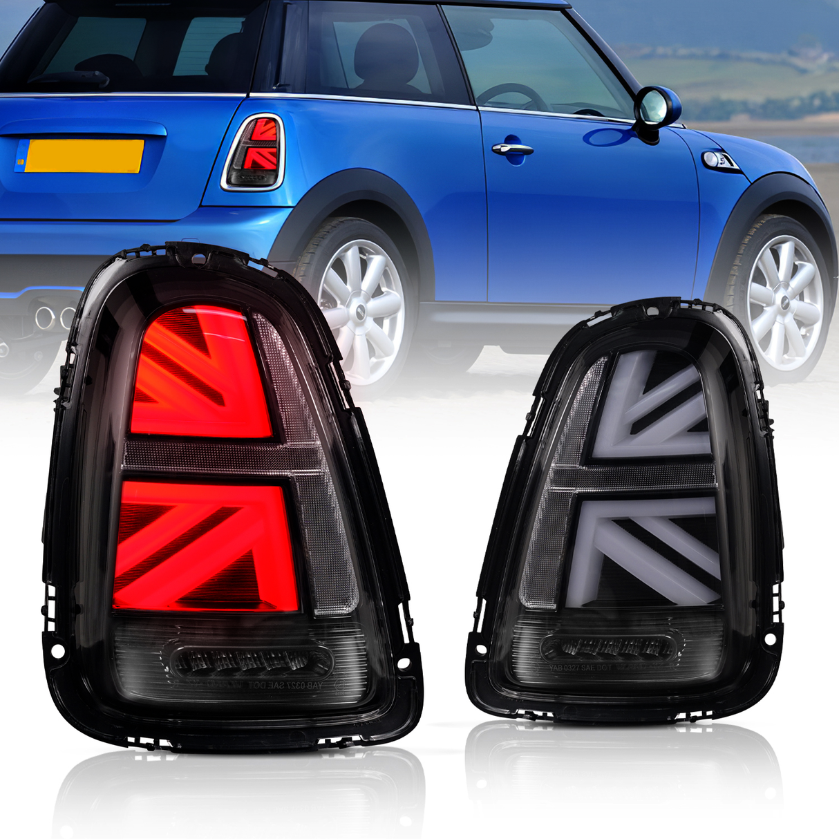 Two car taillights with a Union Jack design, one lit in red and the other unlit, positioned in front of a blue car on a road with a scenic background.