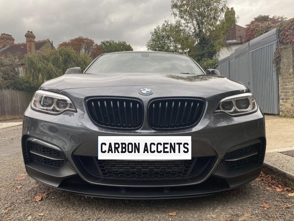A dark gray BMW car with distinct headlights is parked on a residential street. The license plate reads "CARBON ACCENTS," surrounded by brick houses, trees, and a cloudy sky.