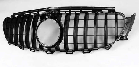 A black car grille with vertical slats and a central circular opening lies against a plain white background.