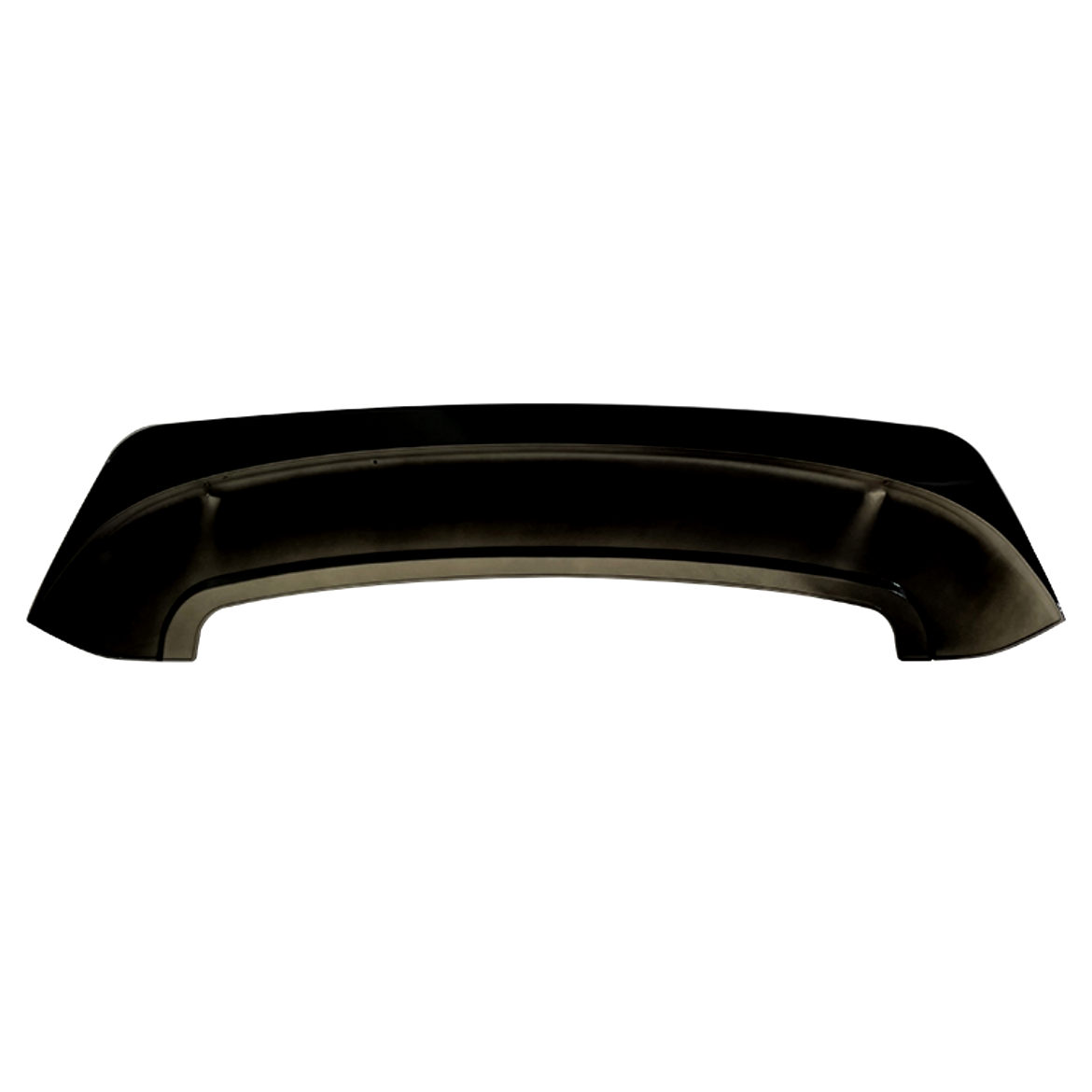 A black car spoiler with aerodynamic contours resting against a plain, white background, designed to reduce lift and improve stability in vehicles.