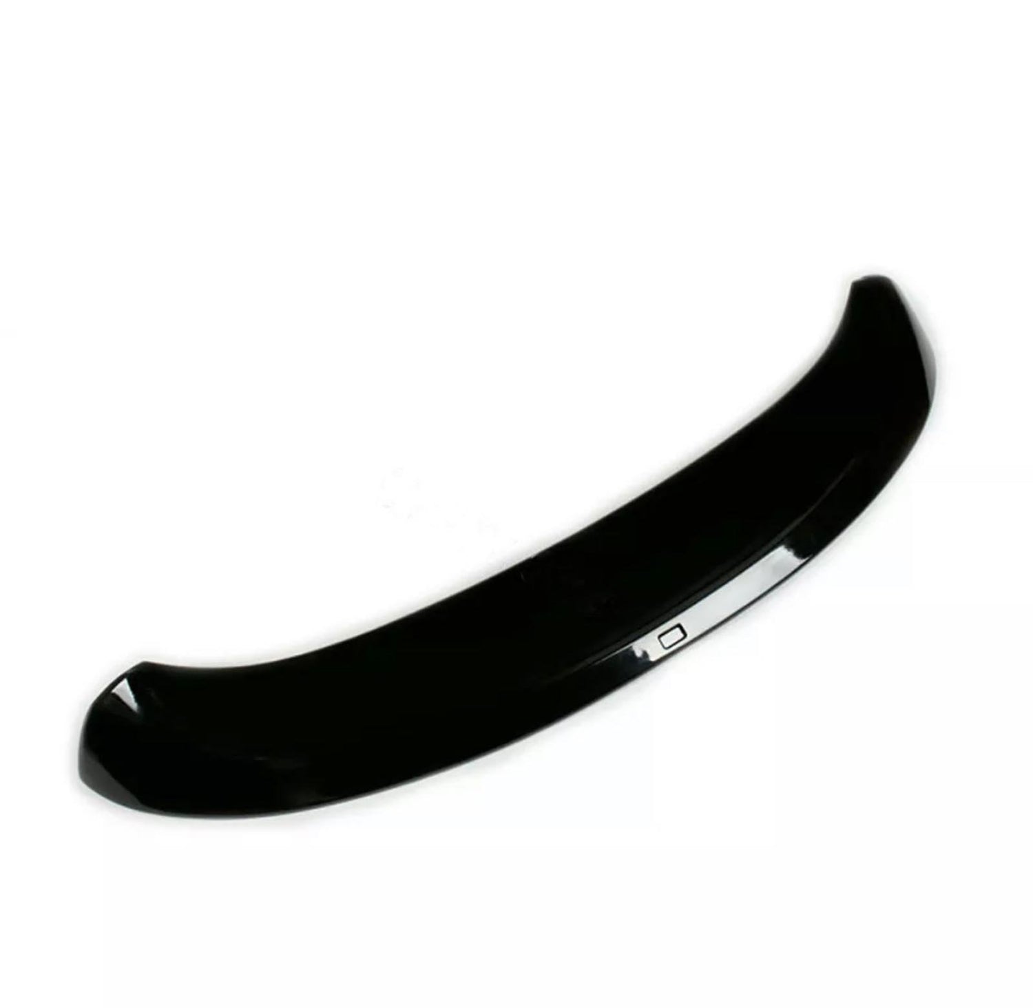 A shiny black car spoiler curves upward, designed to improve aerodynamics, set against a plain white background.