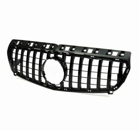 Black car grille with vertical slats and a central circular opening, designed for vehicle front-end installation, against a plain white background.