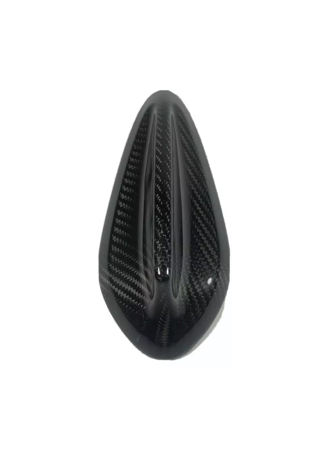 A black, teardrop-shaped object with a carbon fiber pattern features raised grooves, resting on a plain white background.
