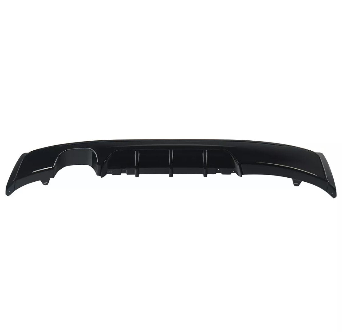 A glossy black car bumper diffuser features several vertical fins, positioned horizontally. It is shown against a plain white background, highlighting its streamlined design and contours.