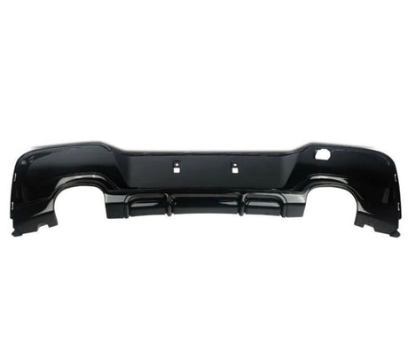 A black car bumper, detached, is displayed against a plain white background, showcasing its sleek design and mounting points.
