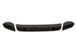 Three black car bumper parts, including a central spoiler and two end pieces, are aligned horizontally on a white background, suggesting an automotive component layout.