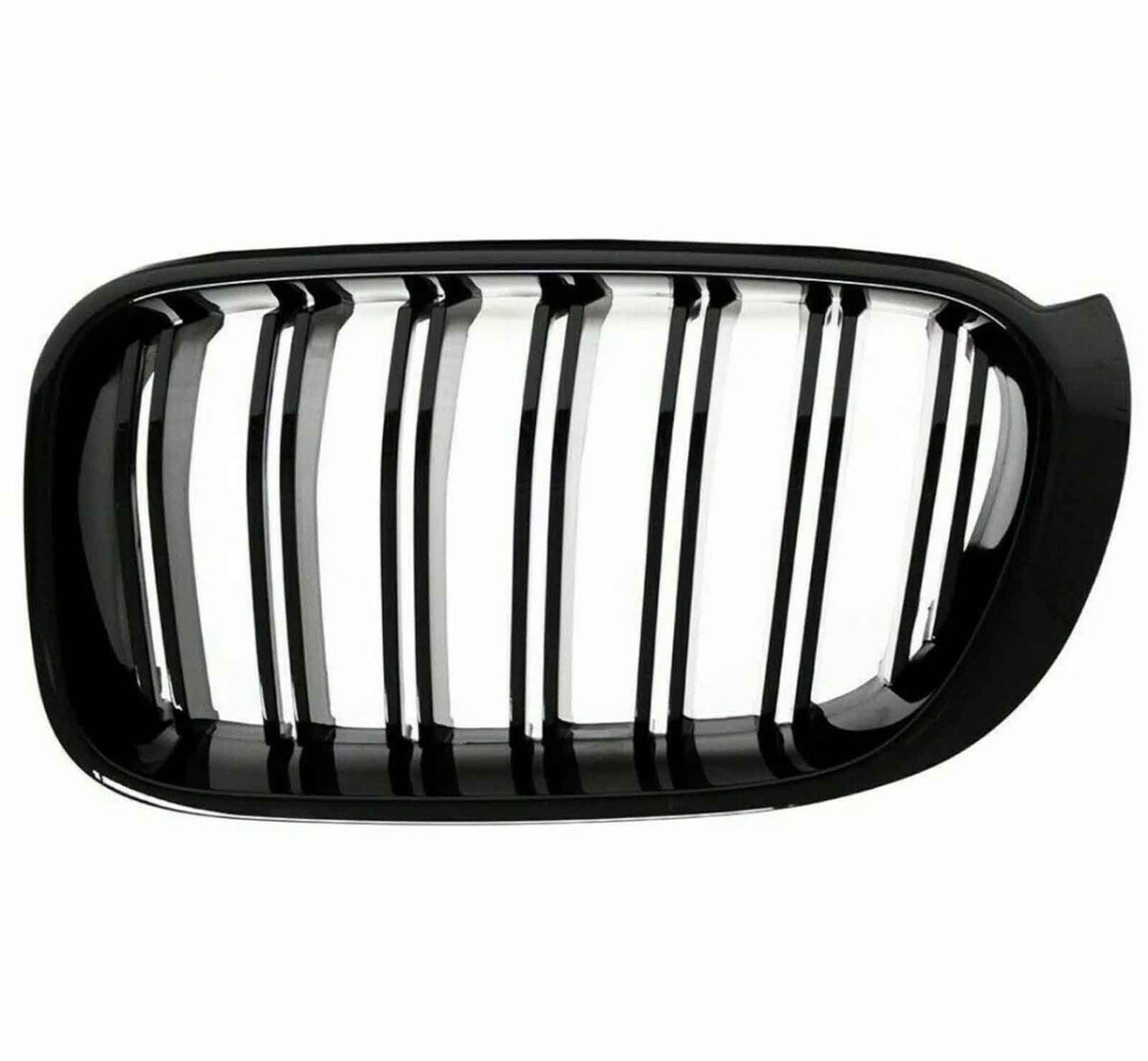 A black, rectangular car grille features multiple vertical slats. It is isolated against a white background, showcasing its glossy finish and curved edges.