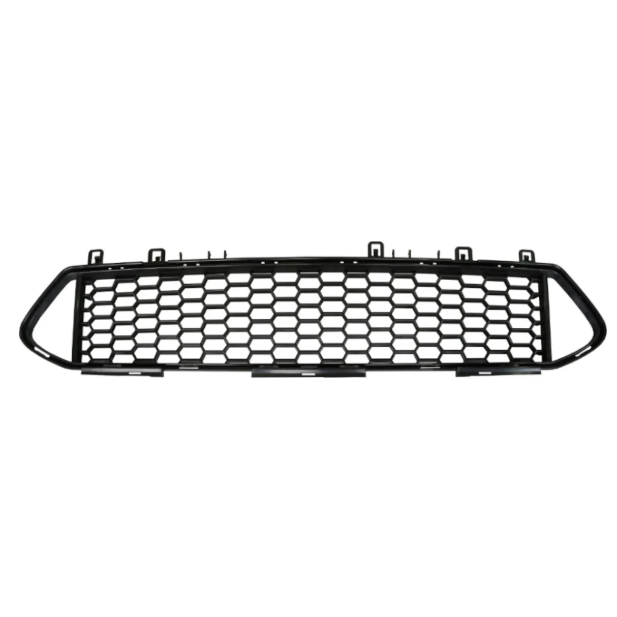 A black car grille with a honeycomb pattern lies flat, surrounded by a plain white background. It features mounting clips along the top edge.