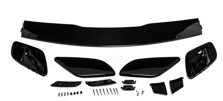 Car spoiler kit with black aerodynamic components laid out on a white surface. Includes a large wing, side pieces, and multiple small parts and screws for assembly.