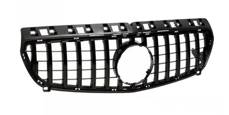 Black car grille with a rectangular grid pattern and a circular emblem space in the center, situated against a plain white background.