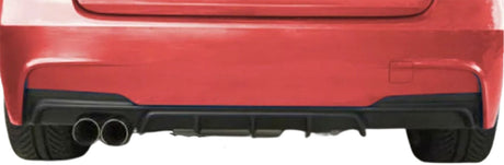 Red car rear with dual exhaust pipes emitting no smoke, set in a plain white background, highlighting the bumper and diffuser details.