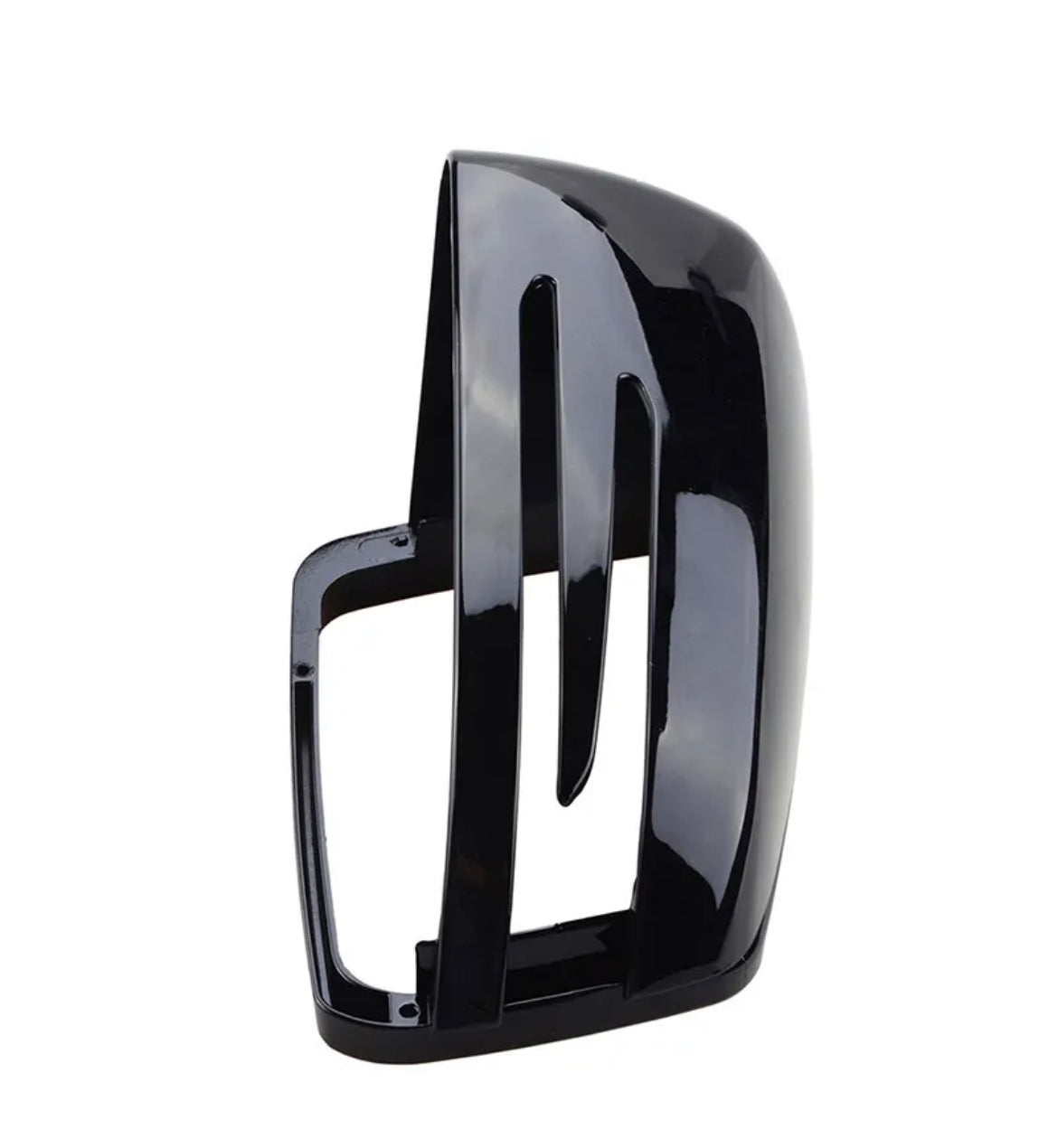 A shiny black side mirror cover with slotted design sits upright on a plain white background, displaying its sleek, aerodynamic shape and smooth reflective surface.