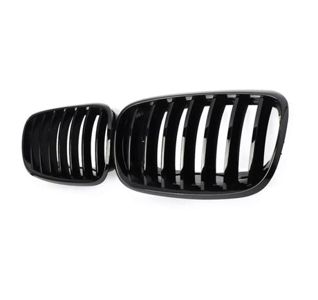 Black car grilles rest side by side, featuring vertical slats. They are showcased against a plain white background, highlighting their shiny, smooth finish.