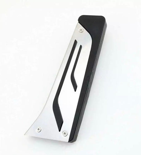 A black and silver utility knife handle lies diagonally on a white background, featuring two curved black grip lines and three visible screws securing the structure.