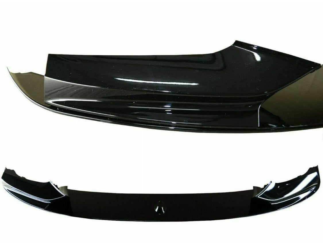 A glossy black car spoiler resting on a plain white background, showcasing its aerodynamic curve and reflective surface, seen from two angles: side and front.