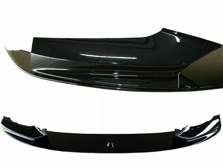 A glossy black car spoiler resting on a plain white background, showcasing its aerodynamic curve and reflective surface, seen from two angles: side and front.