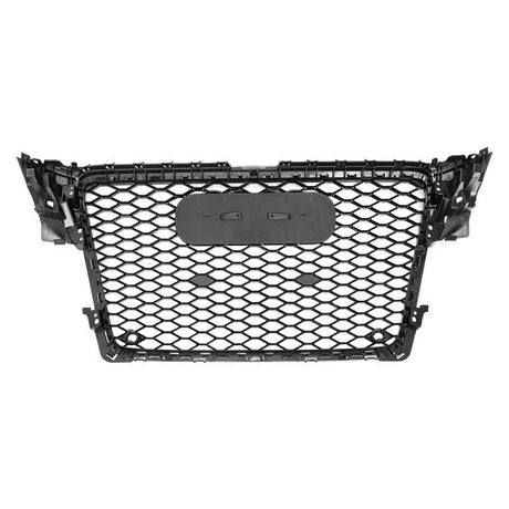 A black honeycomb car grille, featuring a central oval emblem mount, is centered against a plain white background.