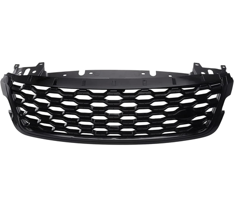 A black car grille with a honeycomb pattern is displayed against a plain white background, showcasing its sleek design and mounting points.