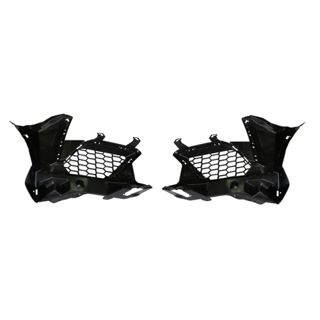 Two black metal brackets with honeycomb-patterned sections, positioned symmetrically facing each other, likely used in automotive assemblies, set against a plain white background.
