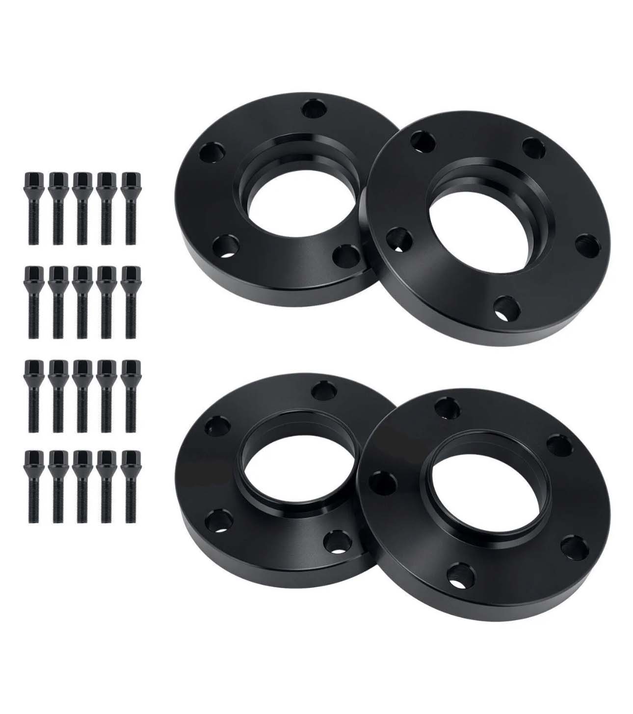 Four black circular flanges with five bolt holes each are accompanied by twenty identical black bolts, all arranged on a plain white background.