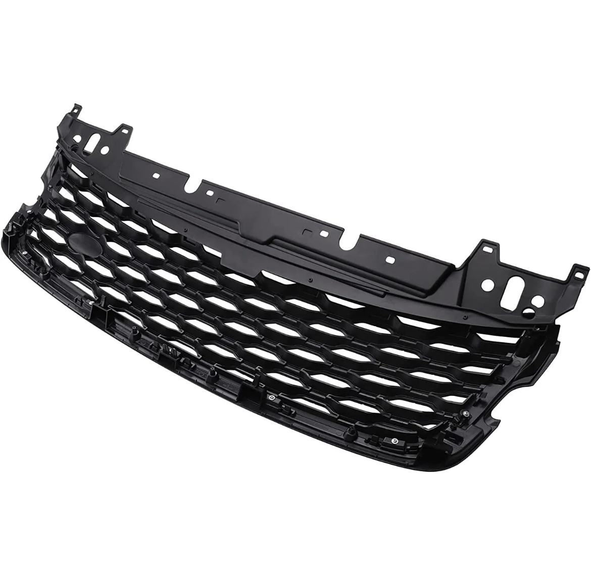 A black car grille with a honeycomb pattern, made of plastic, is shown from an angled perspective against a plain white background.