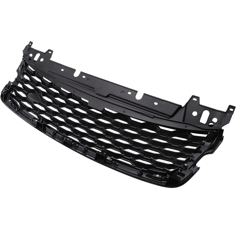 A black car grille with a honeycomb pattern, made of plastic, is shown from an angled perspective against a plain white background.