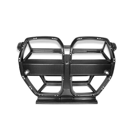 A carbon fiber car grille, featuring a double-kidney shape with a glossy finish, displayed against a plain white background.