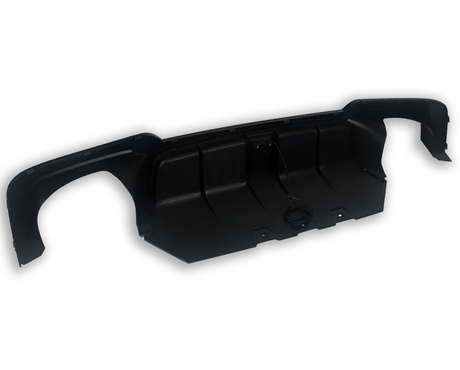 A black automotive bumper with a wired device attached, displayed on a white background. It is curved, suggesting it fits the rear of a vehicle, with mounting points visible.