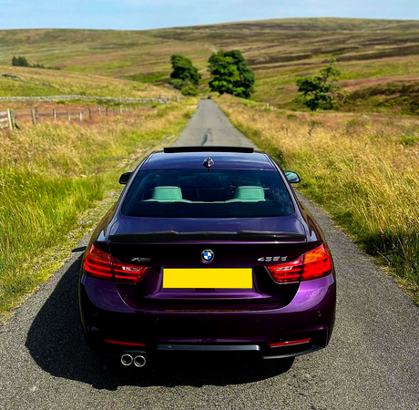 A purple BMW car is parked on a narrow countryside road, surrounded by grassy fields and distant hills under a clear sky.